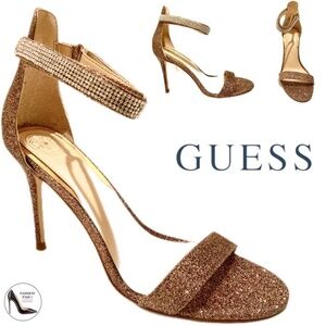 GUESS Kahluy Gold Glitter Ankle Strap Stiletto Heel Sandal Evening Dress Pumps 8